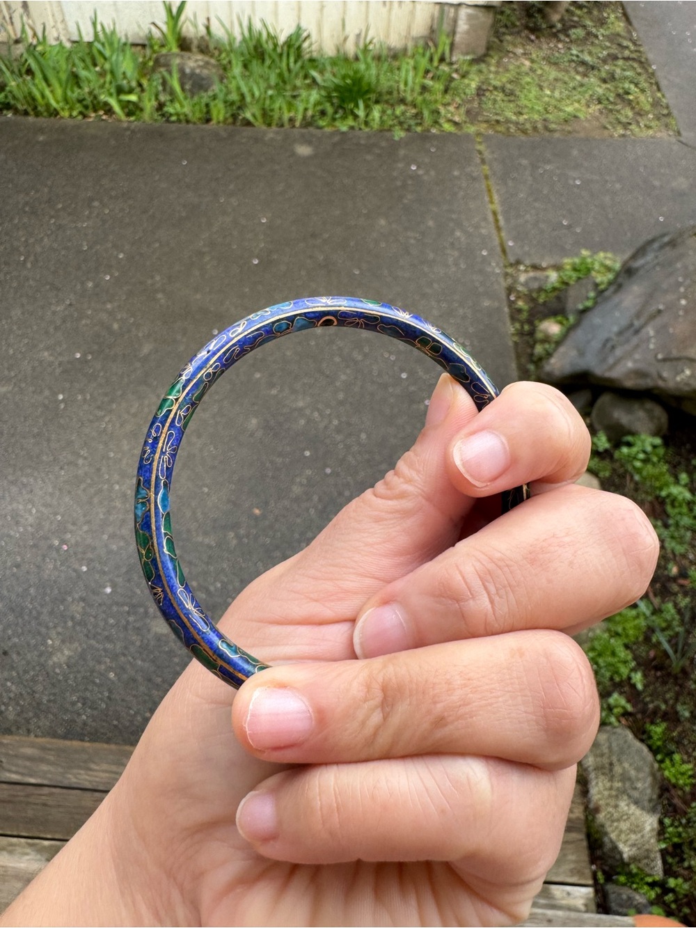 Vintage Blue & Green Floral Cloisonné Enamel Bangle Bracelet - Picture 4 of 6